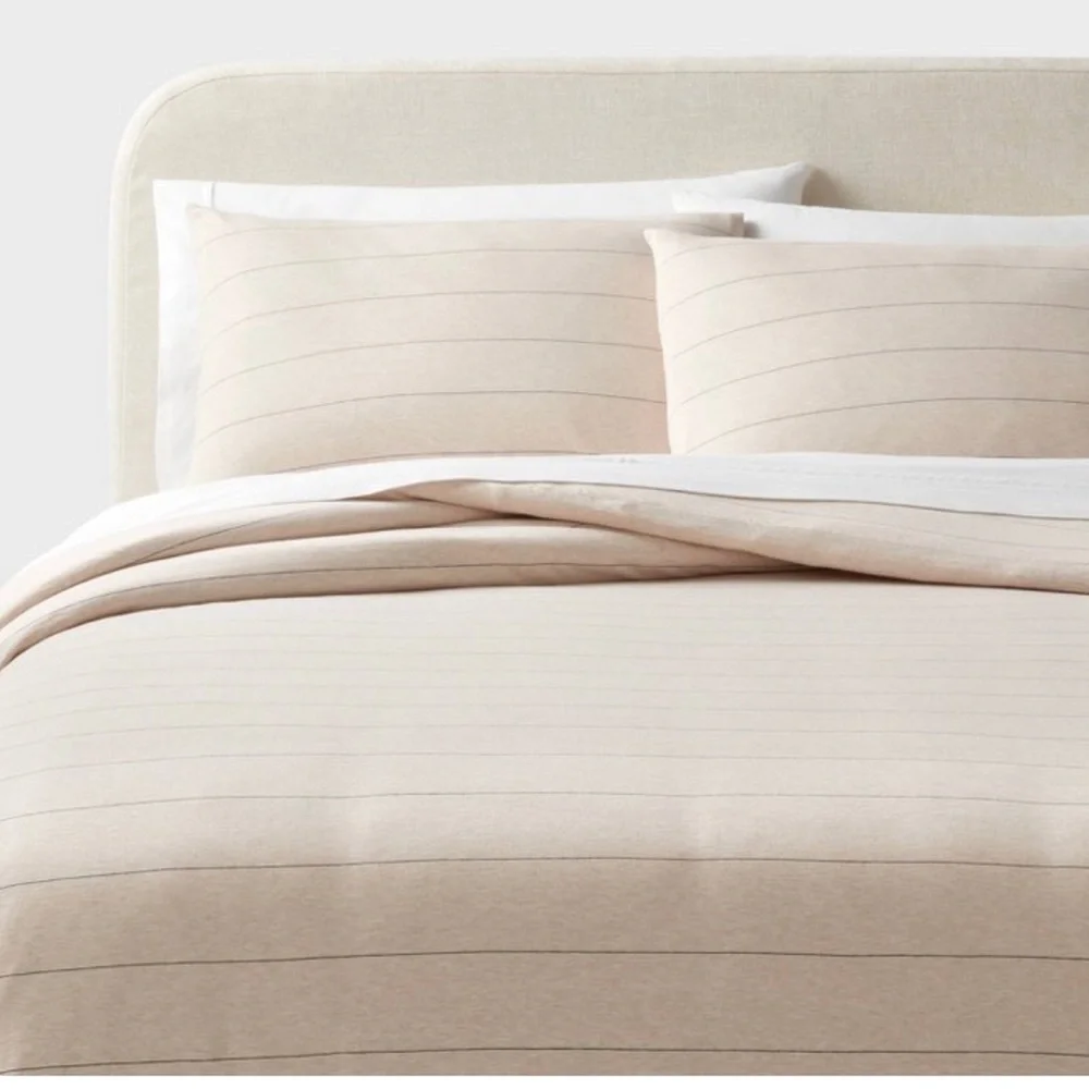 Full/Queen Jersey Comforter and Sham Set Oatmeal Charcoal Striped - Threshold